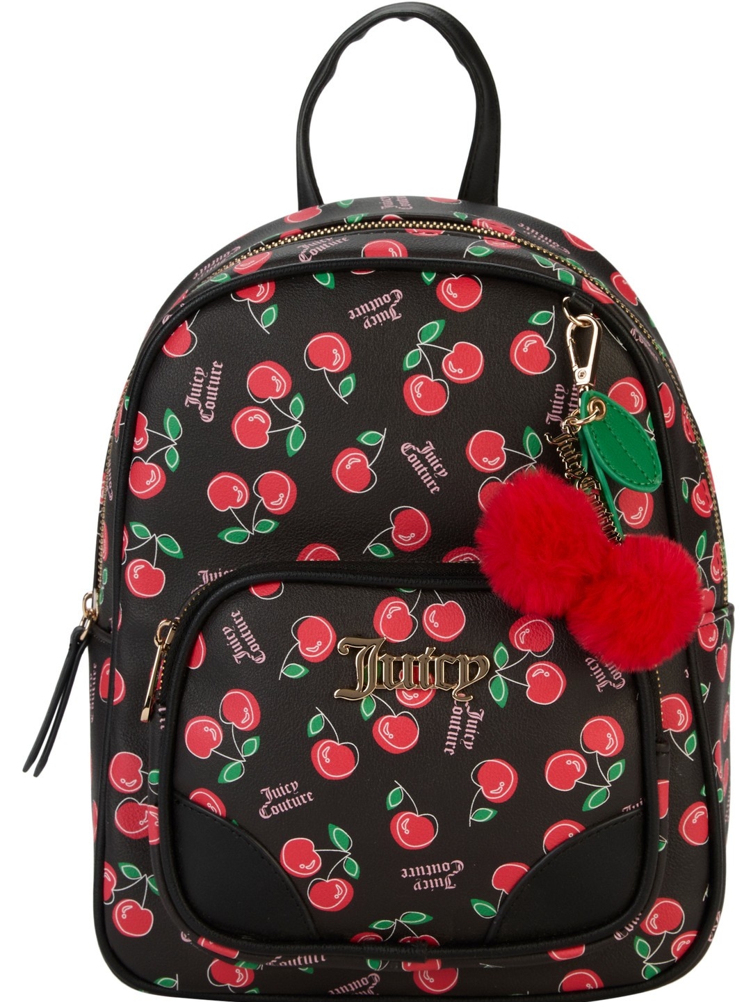 Juicy Couture Black Cherry Print Mini Backpack With Red Pom Pom Charm